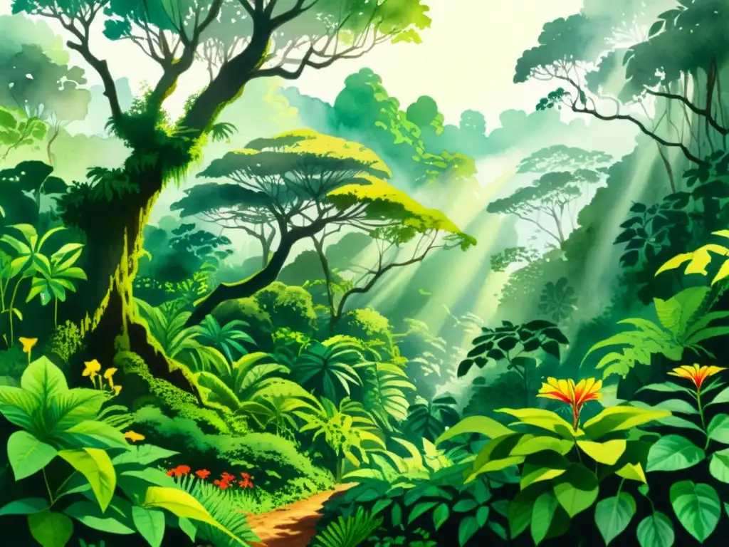 Influencia intercultural en etnobotánica contemporánea: Ilustración detallada de una exuberante selva tropical, donde dos botánicos intercambian sabiduría sobre plantas medicinales, resaltando la interconexión cultural y la biodiversidad