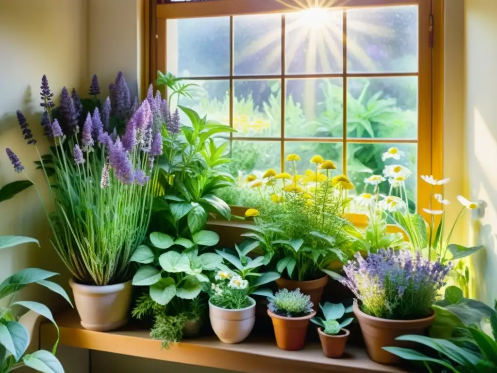 Un jardín interior lleno de plantas medicinales iluminado por el sol