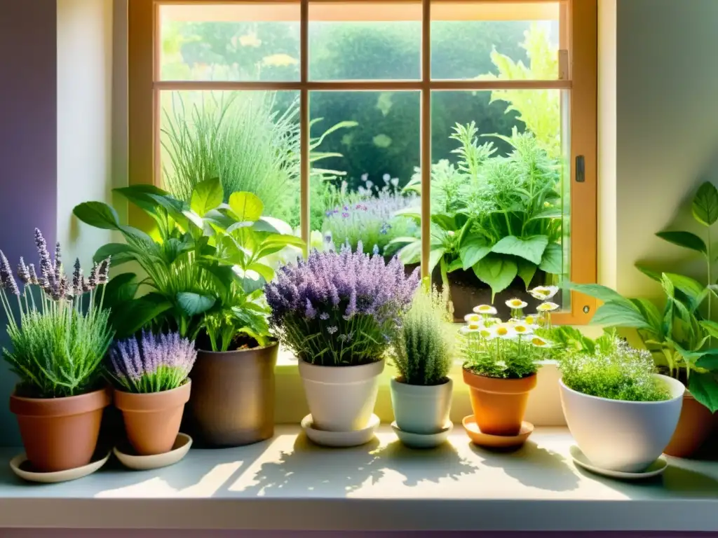 Un jardín interior soleado lleno de plantas medicinales vibrantes como lavanda, manzanilla y menta