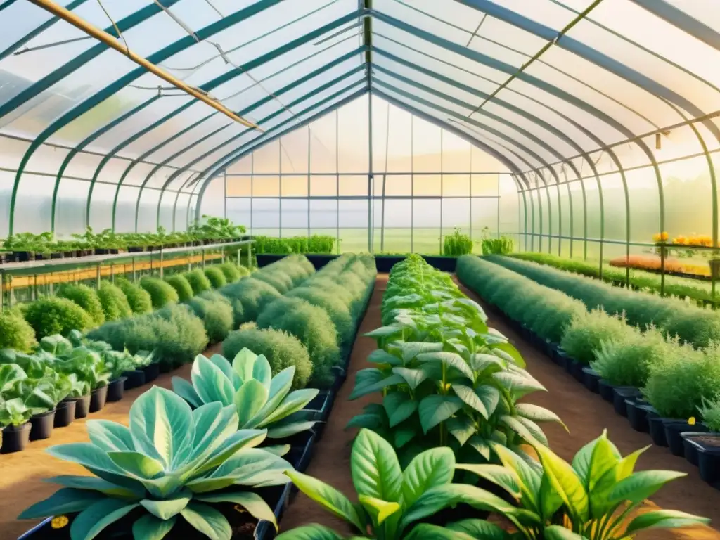 Un invernadero exuberante iluminado por energías renovables en cultivo plantas medicinales, rodeado de paisaje tranquilo