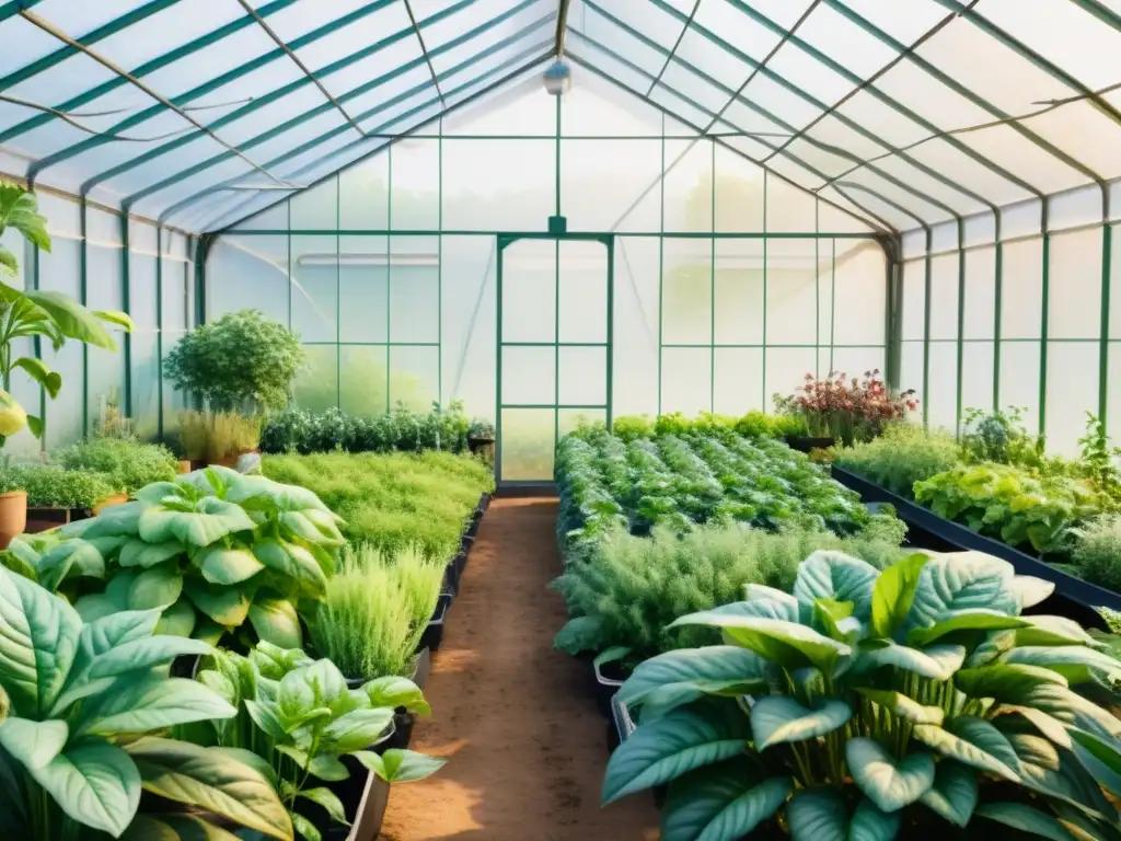 Un invernadero exuberante con plantas medicinales en cultivo, bañado por la cálida luz del sol