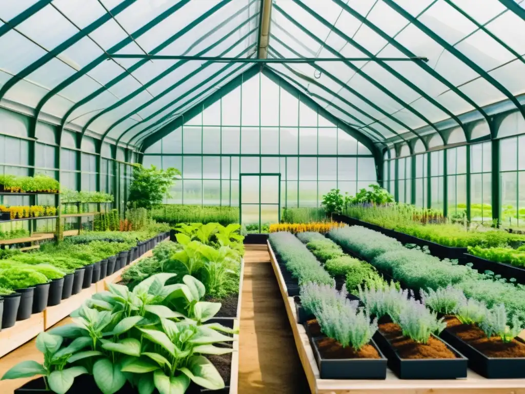 Un invernadero exuberante con plantas medicinales etiquetadas y sistemas de raíces visibles, irradiando tranquilidad