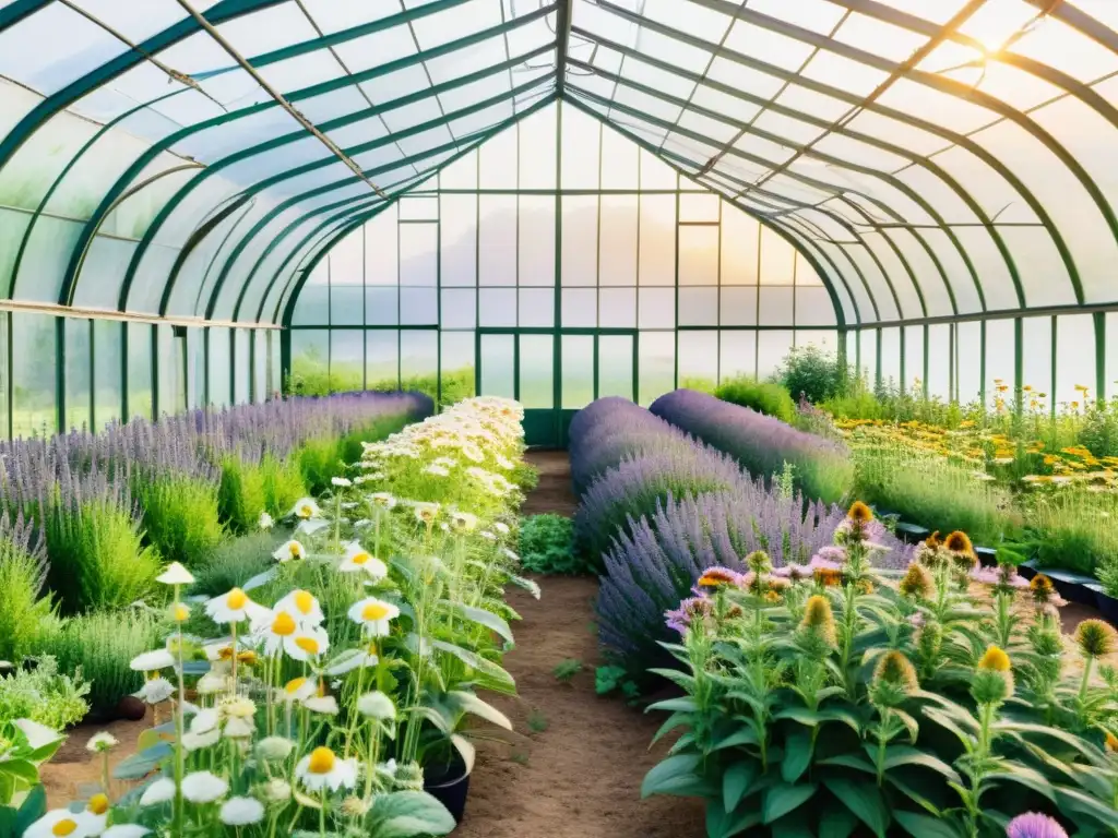 Un invernadero exuberante y vibrante con cultivo de plantas medicinales como lavanda, manzanilla, equinácea y menta