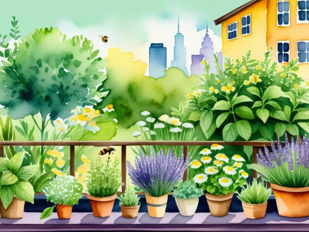 Un jardín compacto de plantas medicinales en un balcón urbano, con luz suave de la mañana y abejas
