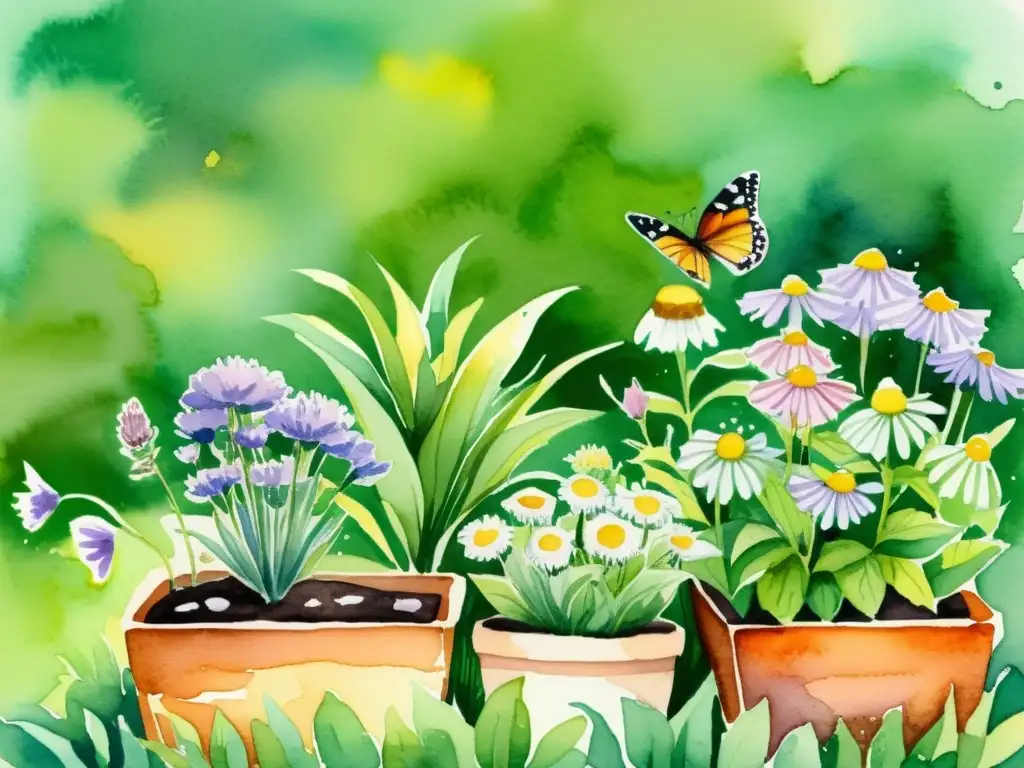 Un jardín compacto rebosante de plantas medicinales como lavanda, manzanilla, menta y equinácea