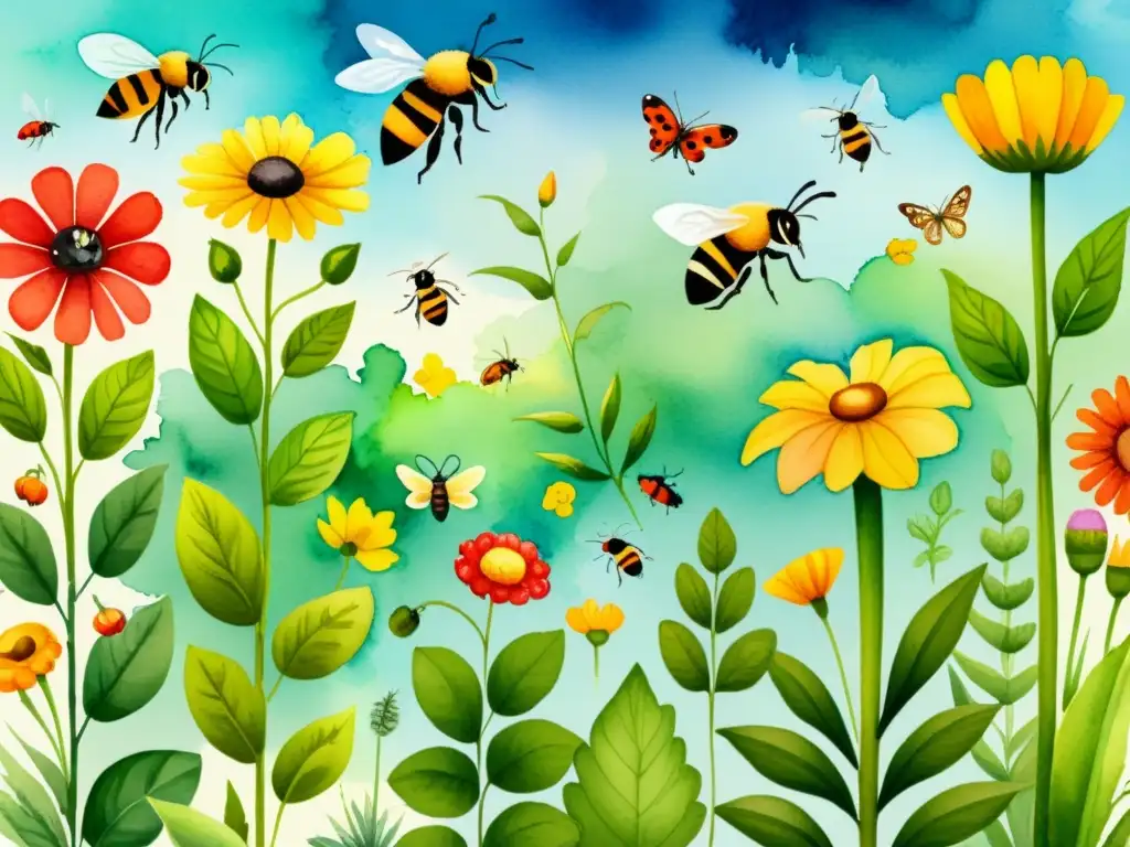Un jardín diverso y vibrante ilustrado en acuarela, con flores coloridas, vegetales y varios insectos como mariquitas, abejas y mariposas