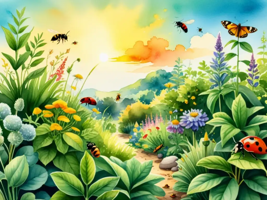 Un jardín exuberante y lleno de vida con plantas medicinales y coloridos insectos