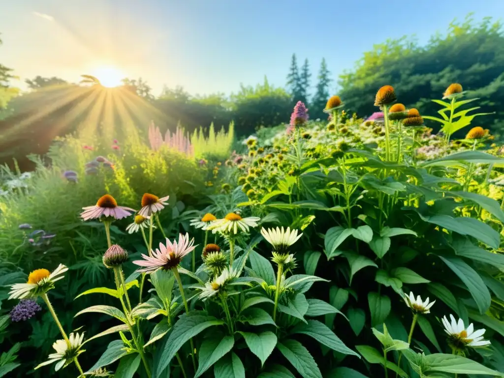 Un jardín exuberante y variado, con plantas medicinales como equinácea, manzanilla y lavanda