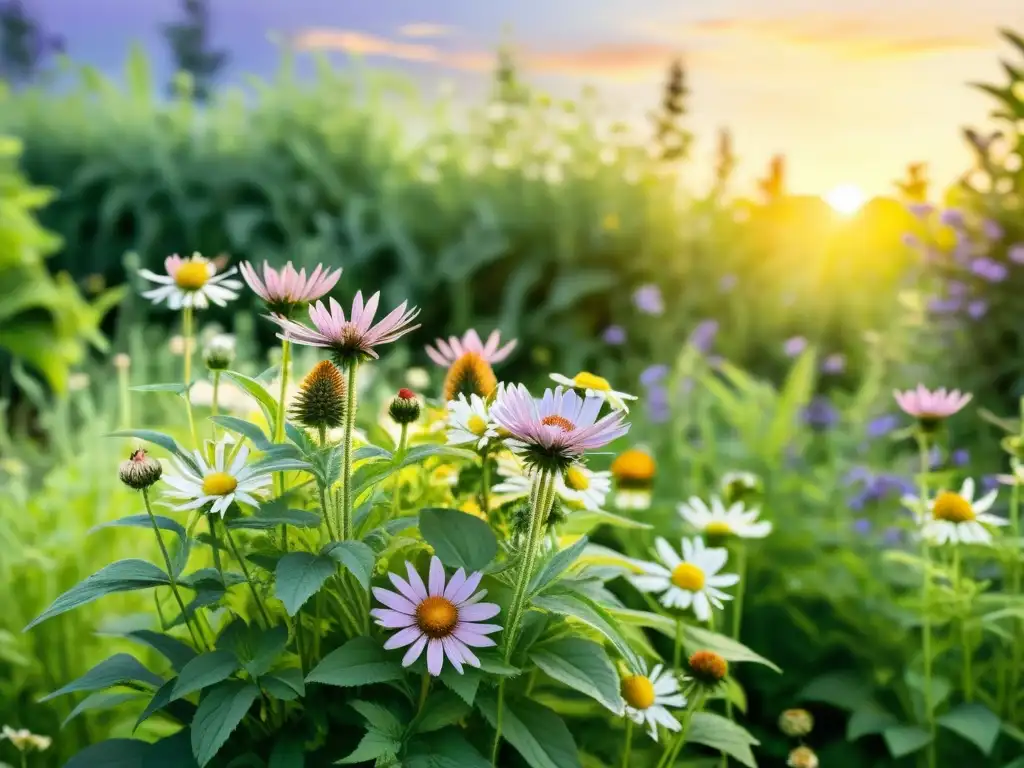 Un jardín exuberante y vibrante, lleno de plantas medicinales en flor como lavanda, equinácea y manzanilla