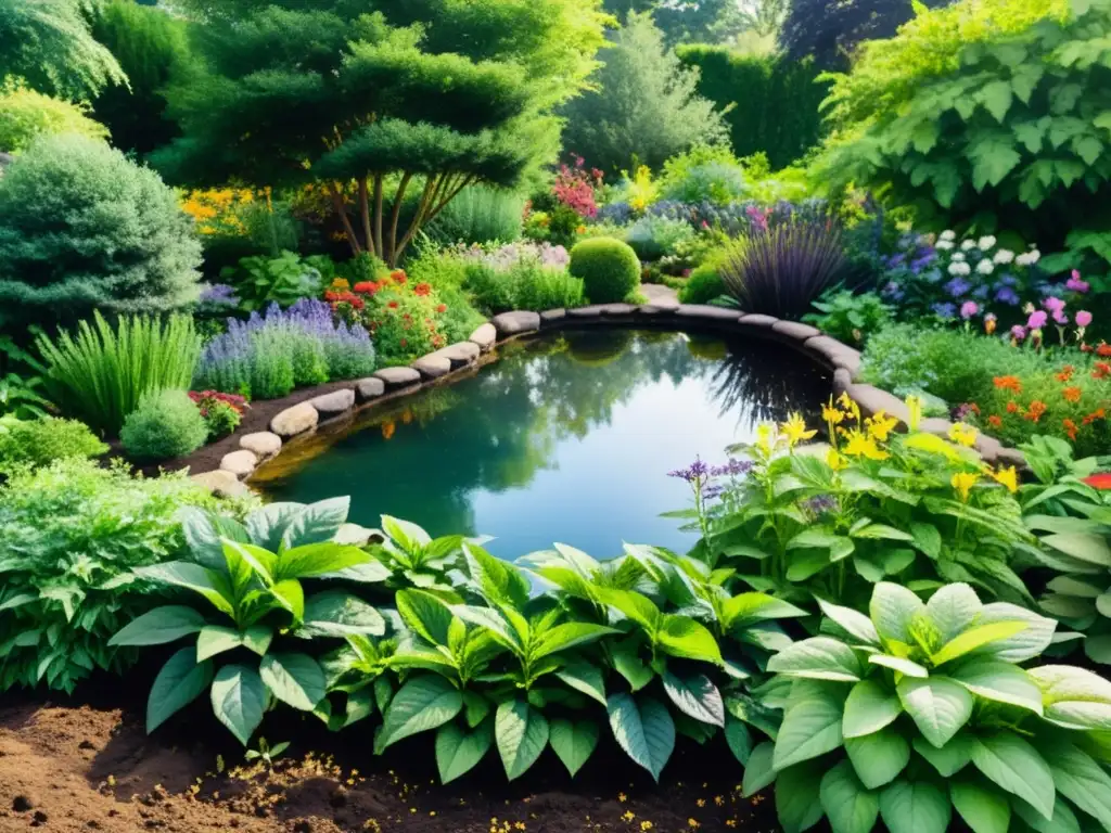 Un jardín exuberante y vibrante, lleno de plantas medicinales en suelo fértil, bañado por la luz del sol y regado por un arroyo tranquilo