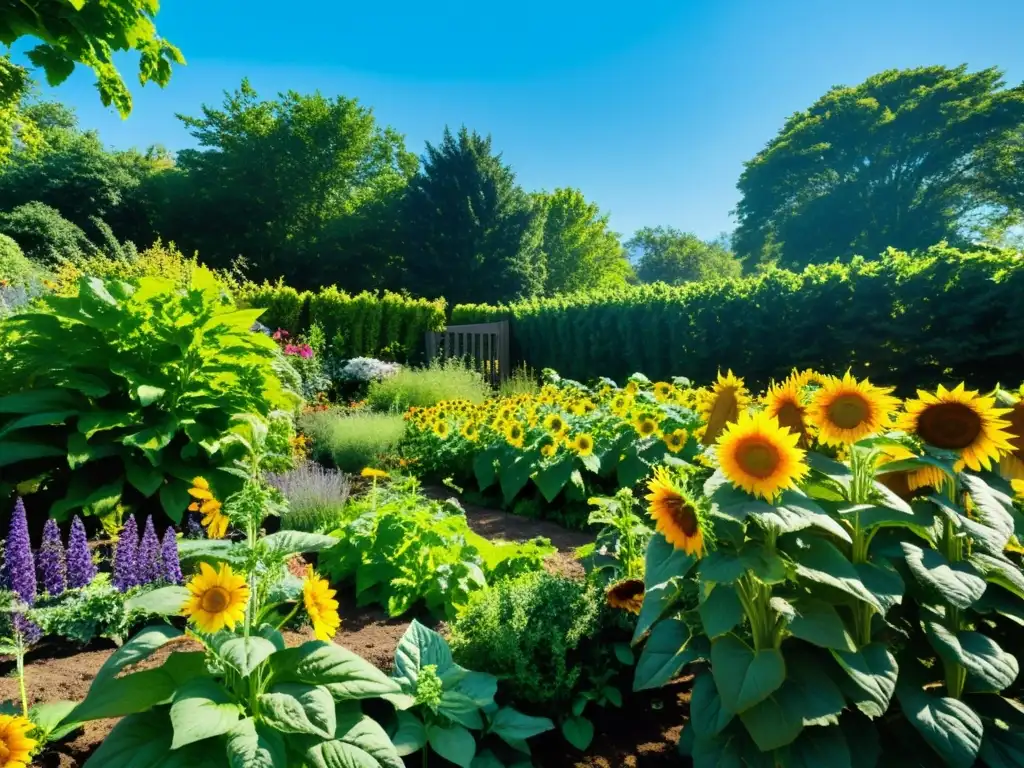 Un jardín exuberante y vibrante lleno de hierbas y plantas saludables, rodeadas de fertilizantes orgánicos caseros para hierbas