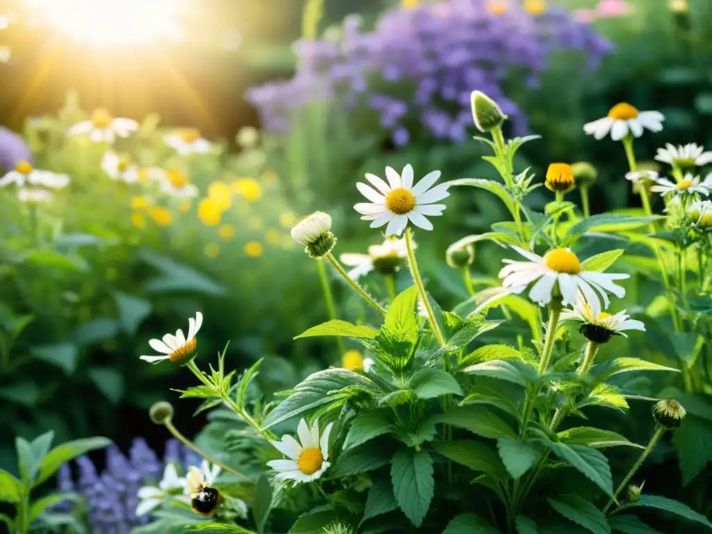 Un jardín exuberante y vibrante de plantas medicinales con uso ancestral, bañado por una cálida luz dorada