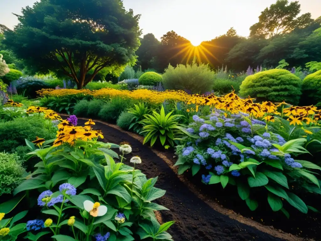 Un jardín exuberante y vibrante, con plantas medicinales floreciendo en un suelo rico y oscuro, iluminado por el cálido sol