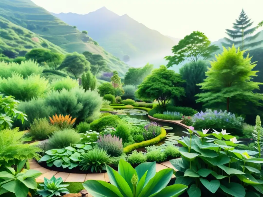 Un jardín de hierbas ayurvédicas con plantas medicinales para equilibrar doshas, rodeado de arroyos y lotos, emitiendo tranquilidad