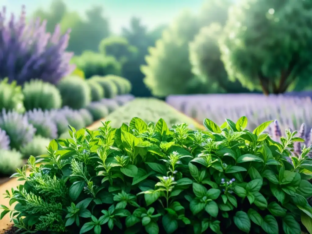 Un jardín de hierbas bañado por el sol, con filas de albahaca, lavanda y romero