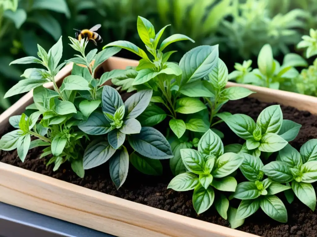 Un jardín de hierbas diverso y vibrante, con albahaca, romero y cilantro, creando un oasis natural para la prevención de enfermedades