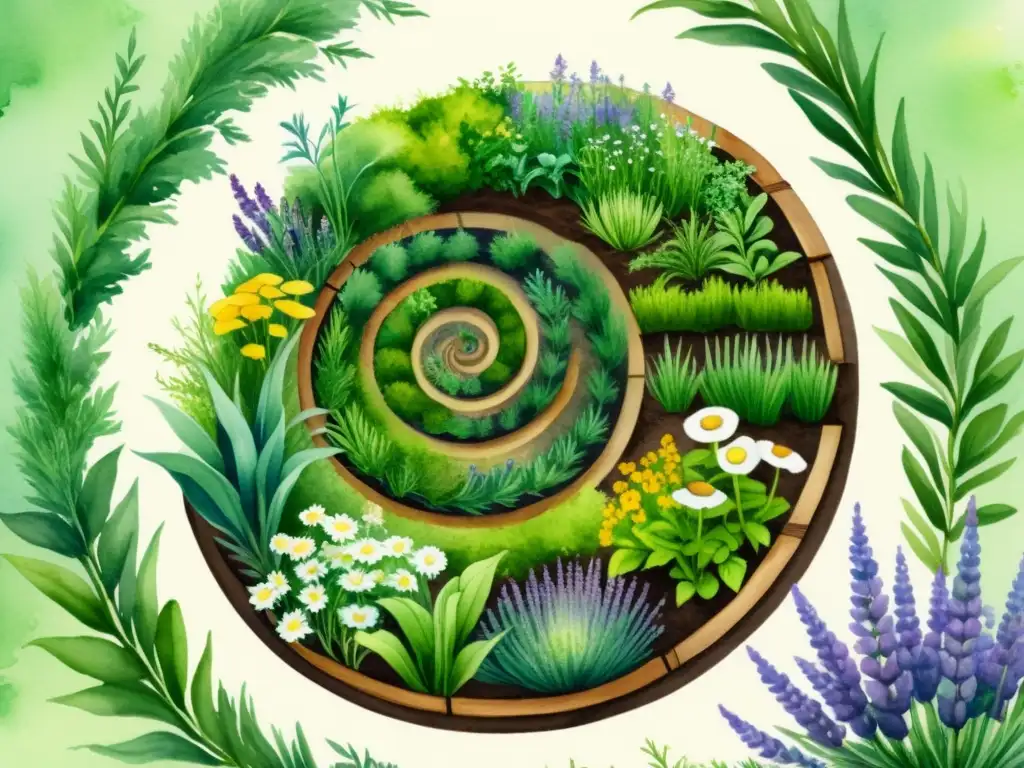 Un jardín de hierbas en espiral en permacultura cobra vida en esta detallada acuarela, con caminos elevados y vegetación exuberante