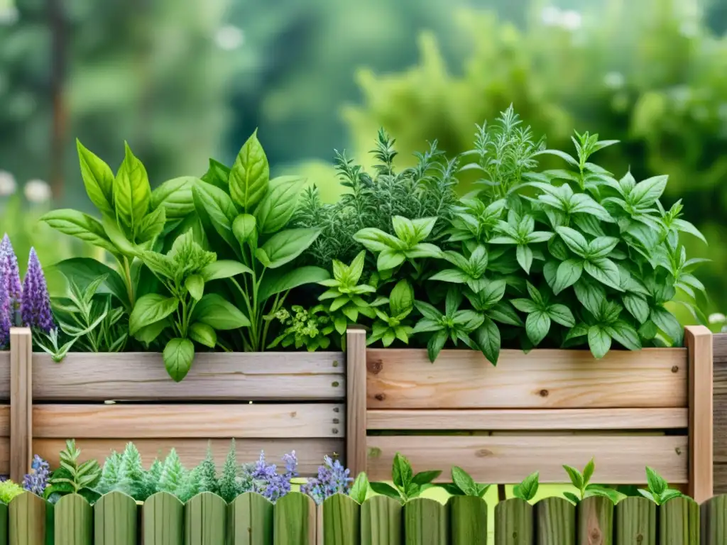 Un jardín de hierbas exuberante y detallado en acuarela, protegido por una valla de madera