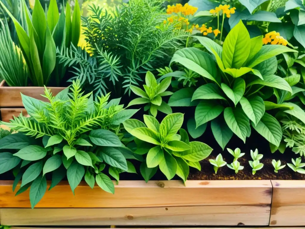 Un jardín de hierbas exuberante y diverso, bañado por la cálida luz del sol, con plantas medicinales para combatir la obesidad