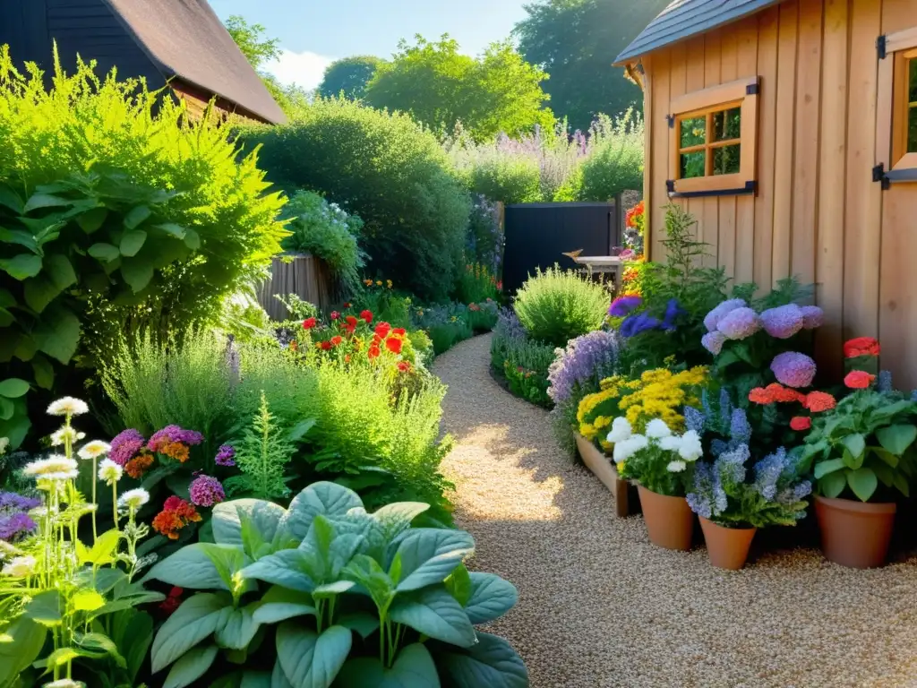 Un jardín de hierbas exuberante con manos cuidadosas y luz filtrada, evocando la armonía con la naturaleza