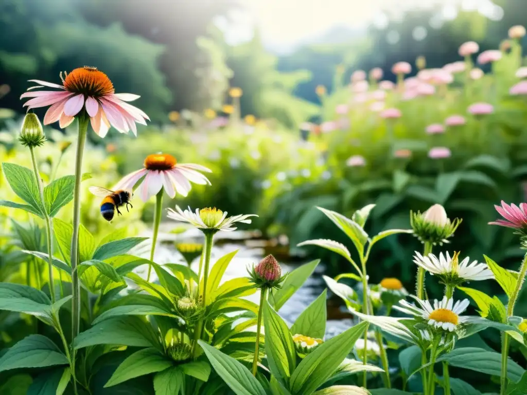 Un jardín de hierbas exuberante con plantas medicinales como equinácea, manzanilla y ginseng