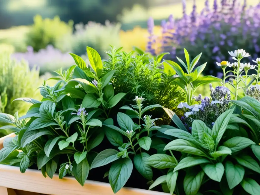 Un jardín de hierbas exuberante y vibrante, con albahaca, romero y tomillo entre flores de lavanda y manzanilla