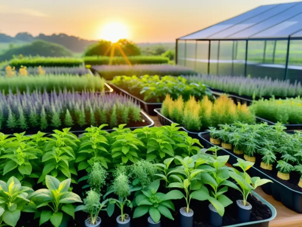 Un jardín de hierbas exuberante y vibrante con sensores, bañado por el cálido sol