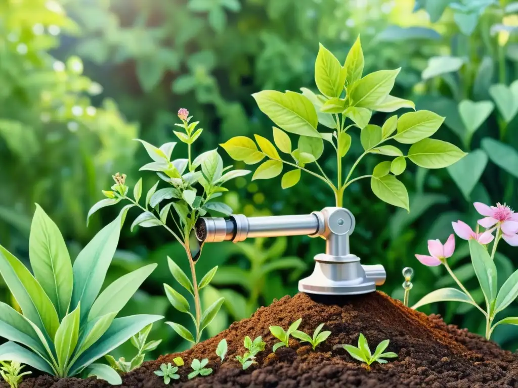 Un jardín de hierbas floreciente es cuidado por un brazo robótico, fusionando lo natural con lo artificial