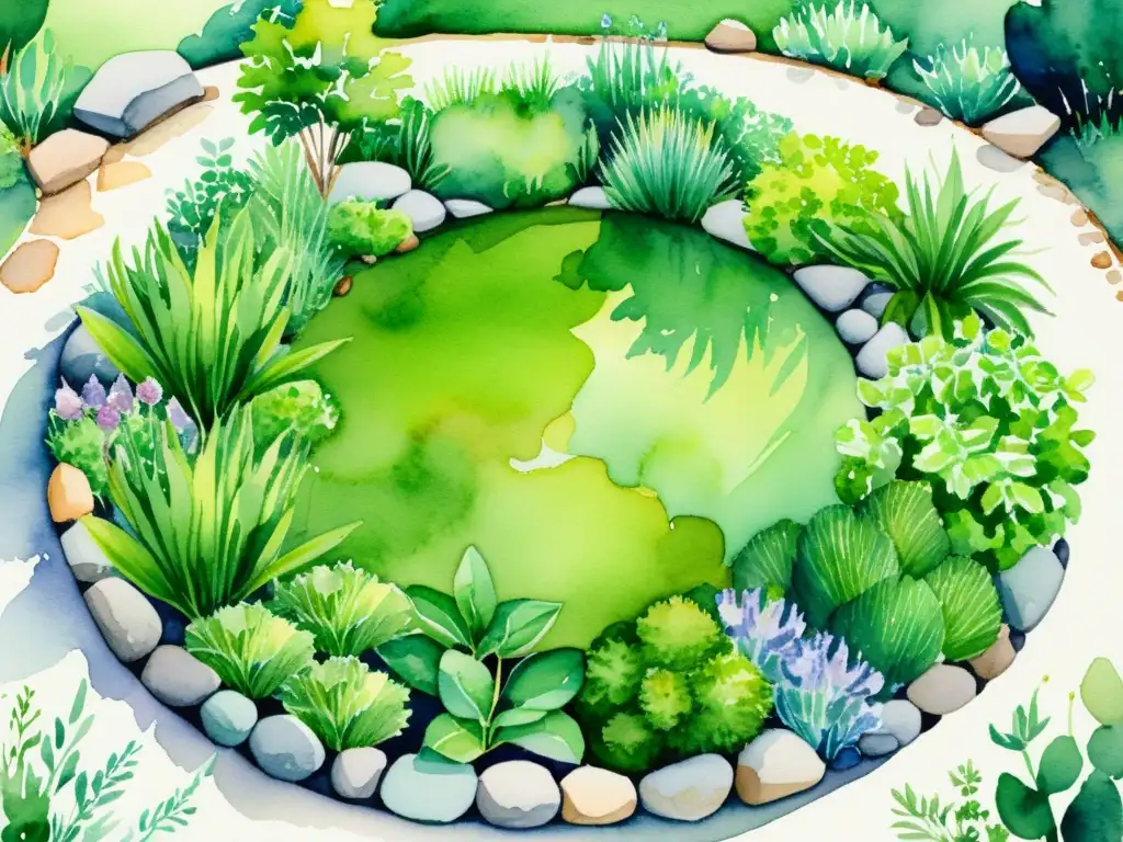 Jardín de hierbas en acuarela: armonía natural y tranquilidad Un jardín de hierbas con Feng Shui: armonía en un hermoso diseño circular, con plantas vibrantes y un arroyo tranquilo