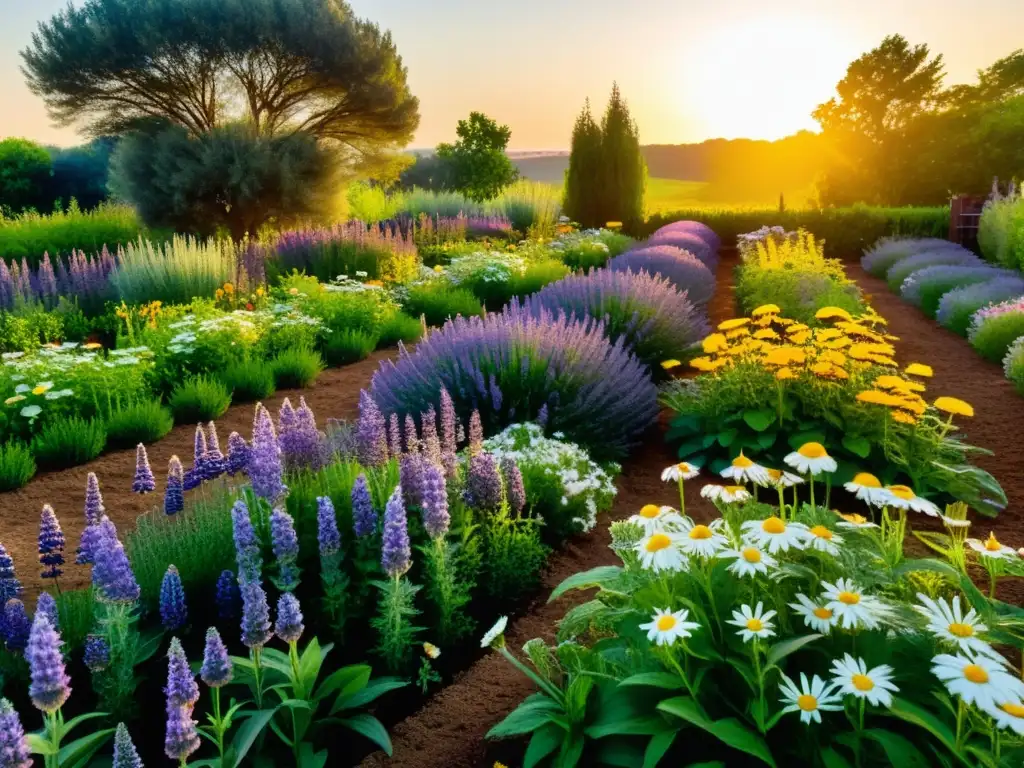 Un jardín de hierbas medicinales bañado por la luz dorada del atardecer