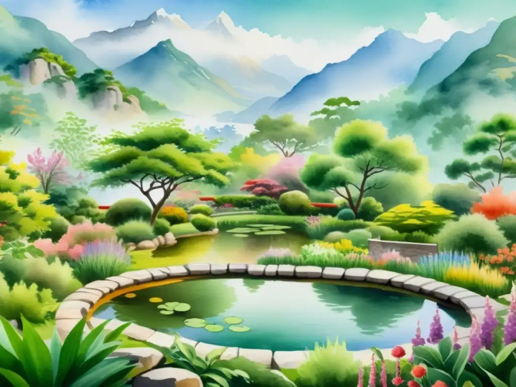 Un jardín de hierbas medicinales chinas, con plantas vibrantes y un estanque sereno, rodeado de montañas brumosas