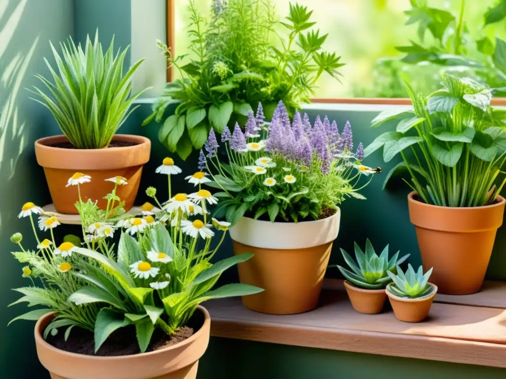 Un jardín de hierbas medicinales con encanto, lleno de vida y luz natural