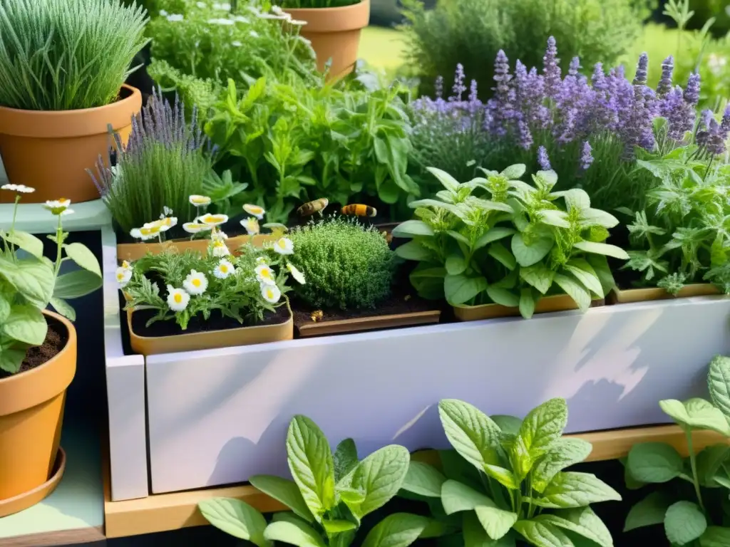 Un jardín de hierbas medicinales en espacios reducidos, lleno de vida y tranquilidad con lavanda, manzanilla y menta