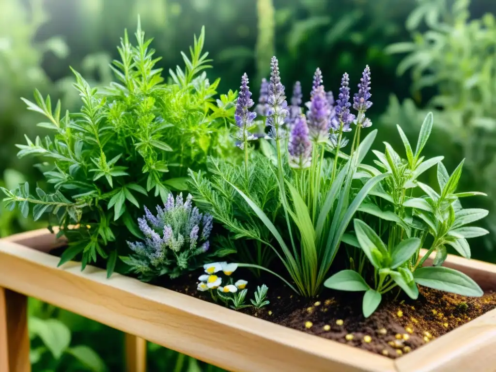 Un jardín de hierbas medicinales exuberante en acuarela, con tonos verdes vibrantes y detalles de lavanda, manzanilla y romero