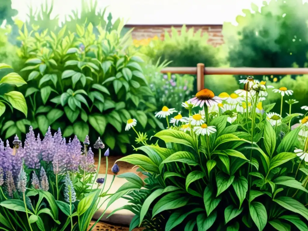 Un jardín de hierbas medicinales exuberante y detallado, con sistema de riego inteligente y hermosos colores acuarela