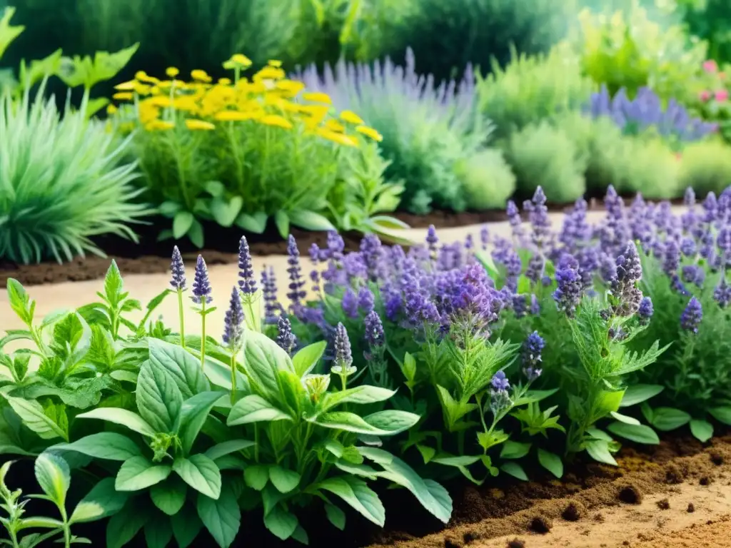 Un jardín de hierbas medicinales exuberante, con riego eficiente, resaltando la belleza de cuidar plantas medicinales