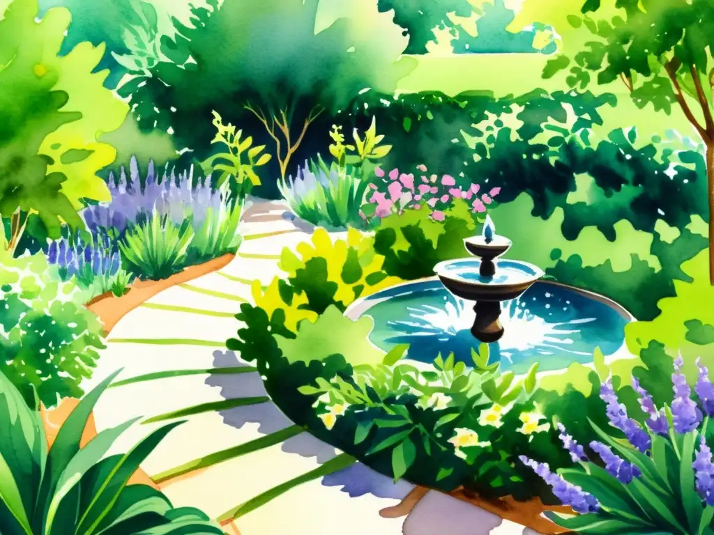 Jardín herbario sereno: acuarela natural Un jardín de hierbas medicinales rebosante de vida, con colores vibrantes y beneficios para la salud cognitiva