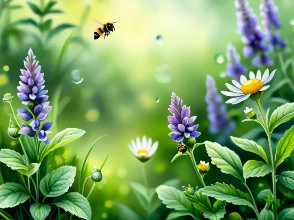 Un jardín de hierbas medicinales rebosante de vida y equilibrio emocional, con lavanda, manzanilla y melisa en detalle ultrarrealista