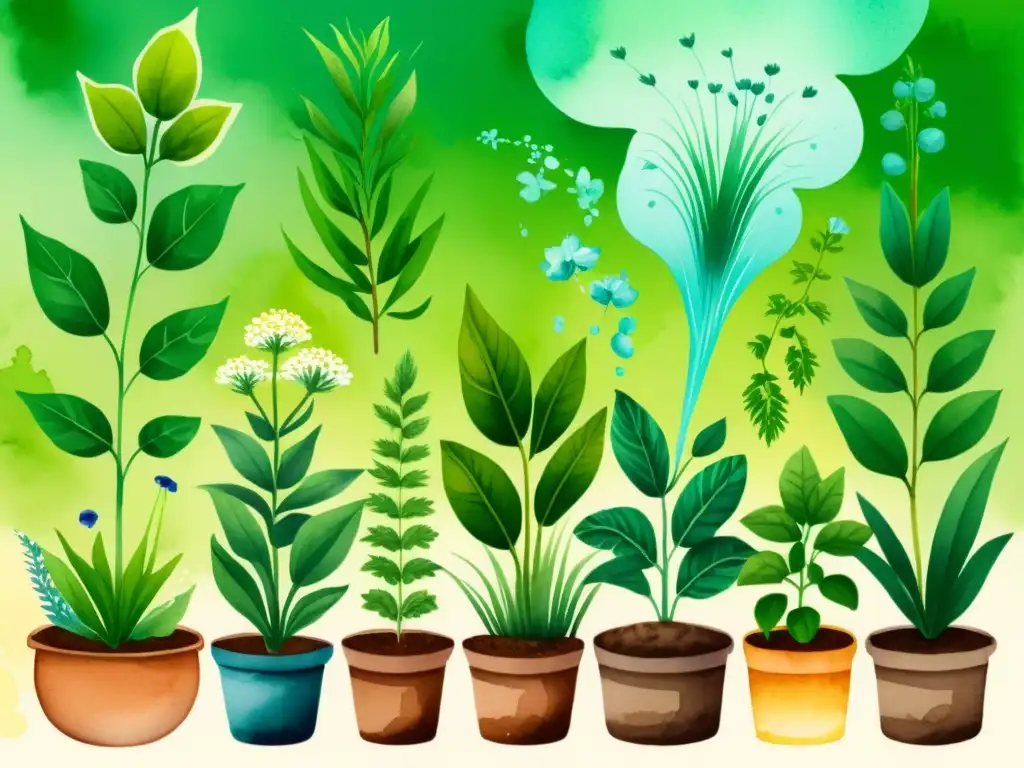 Jardín medicinal: ilustración acuarela de riego Un jardín de hierbas medicinales regado con diferentes métodos de riego, mostrando tranquilidad y expertise en el cuidado de plantas medicinales