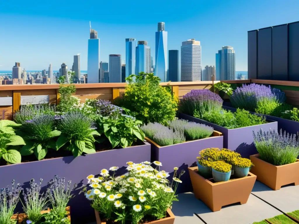 Un jardín de hierbas medicinales urbanas sostenible, con plantas vibrantes, abejas y mariposas, bajo el cielo azul de la ciudad