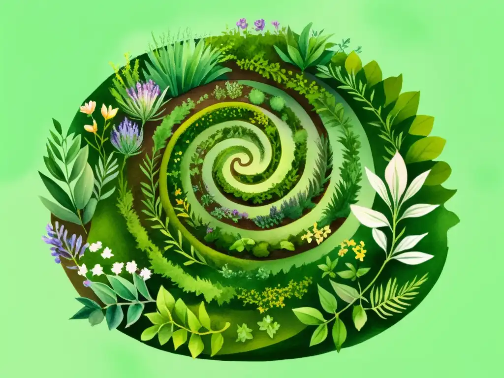 Un jardín de hierbas en permacultura, con plantas aromáticas y medicinales en una espiral exuberante