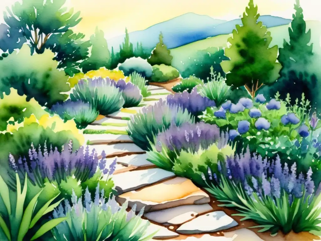 Jardín de hierbas en acuarela: armonía y tranquilidad Un jardín de hierbas con Feng Shui: sendero de piedra, lavanda, romero, armonía y serenidad al atardecer