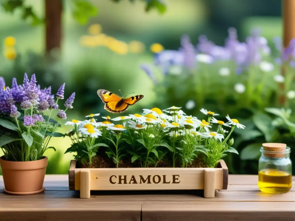 Un jardín de hierbas sereno y abundante con una mesa de madera rústica, evocando tranquilidad y la preparación de té de hierbas