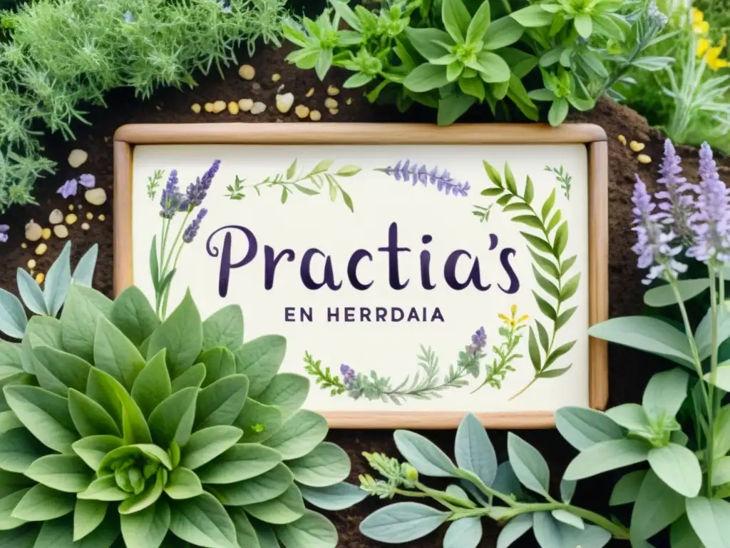 Un jardín de hierbas sereno con plantas vibrantes, flores delicadas y un letrero rústico que dice 'Prácticas éticas en herbolaria'