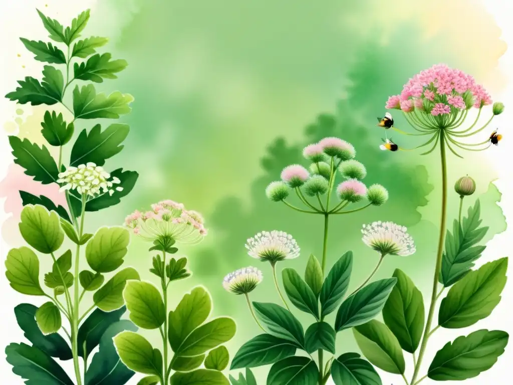 Un jardín de hierbas verde exuberante con angelica sinensis en flor rosa, rodeado de otras hierbas chinas