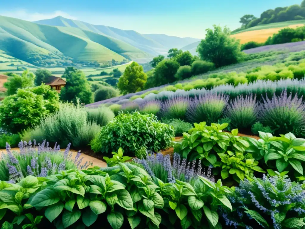 Un jardín de hierbas vibrante y detallado, con albahaca, lavanda y cilantro, en un paisaje de colinas y cielo azul