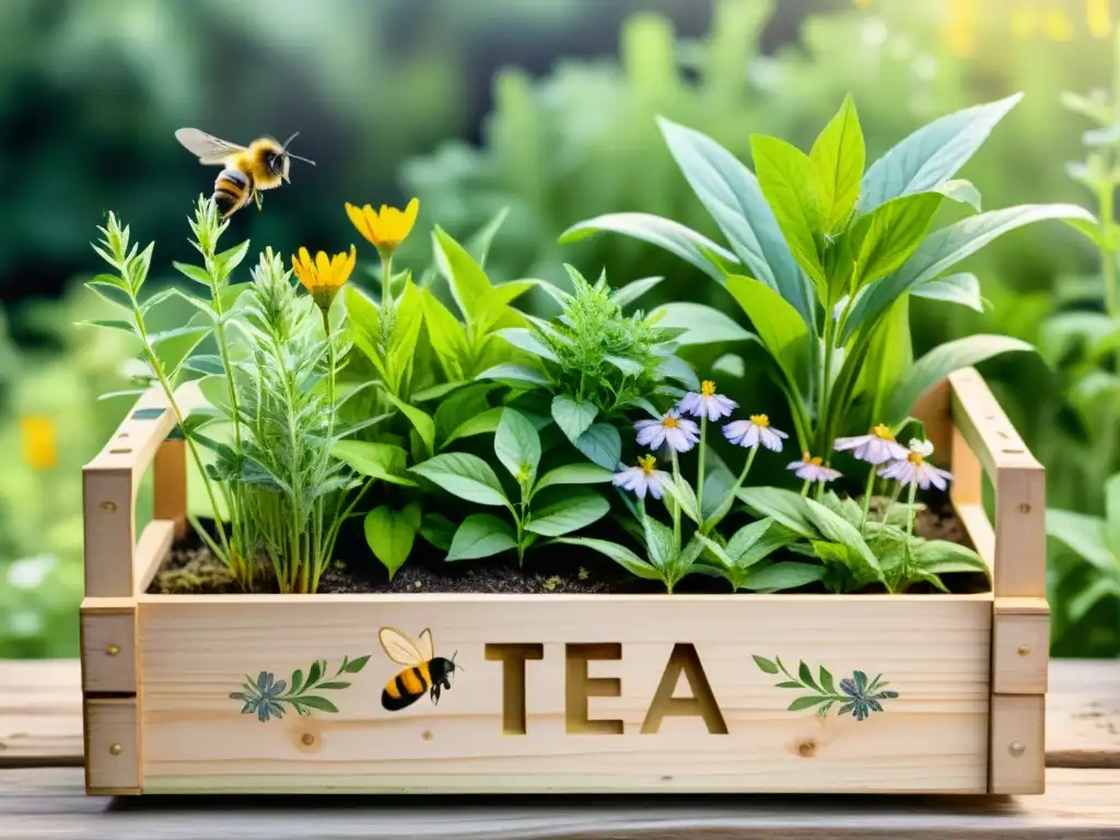 Un jardín de infusiones herbales beneficios y usos, con plantas vibrantes, flores delicadas, abejas y mariposas, y una corriente tranquila