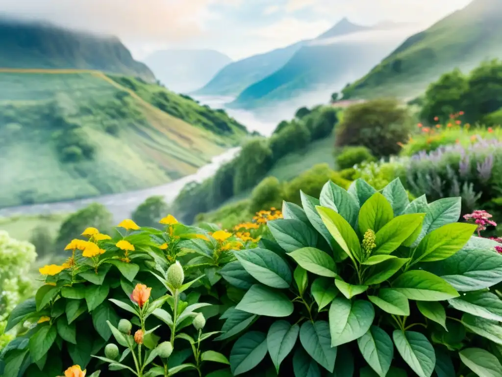 Un jardín de plantas medicinales exuberante, con hojas verdes vibrantes y flores delicadas, bañadas por el cálido sol y rodeadas de gotas de agua