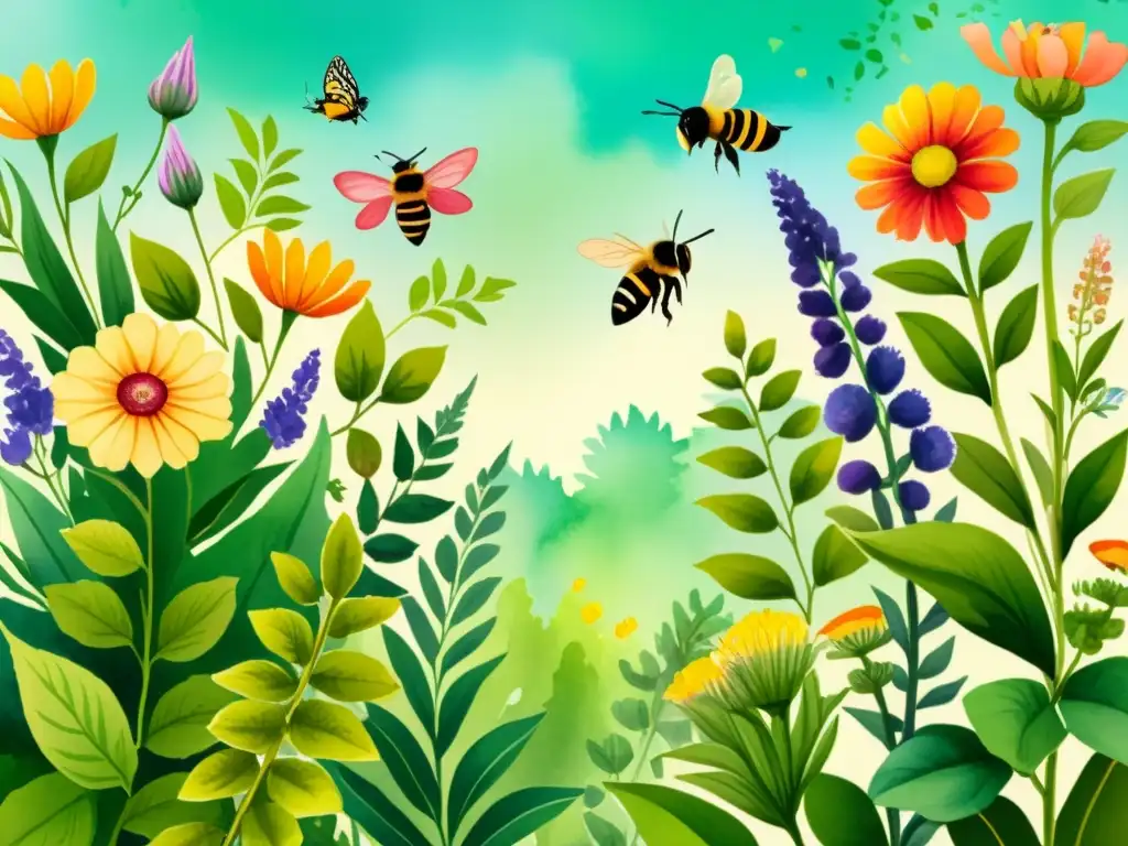 Un jardín de plantas medicinales florales, meticulosamente planeado, rebosante de color y vida, con abejas y mariposas