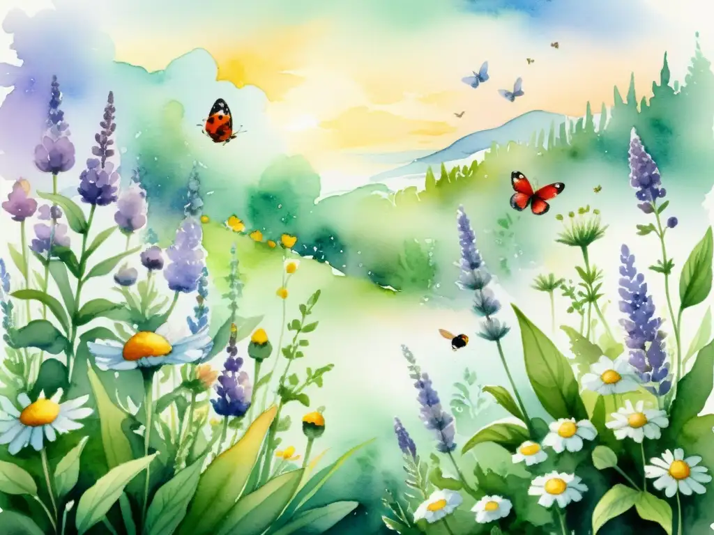 Un jardín de plantas medicinales rebosante de vida, con mariposas, mariquitas y abejas revoloteando alrededor
